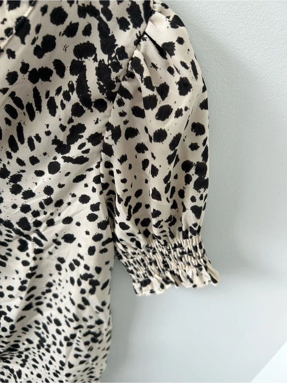 ZARA Cream and Black Dalmatian Print Gathered Puff Sleeve Blouse. BRAND NEW!